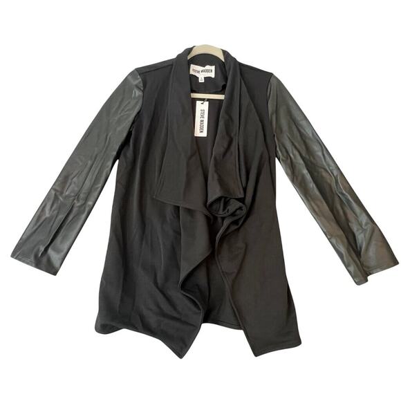 Steve Madden Black Drape Collar Jacket Faux Leather Sleeves NWT S - Picture 4 of 7
